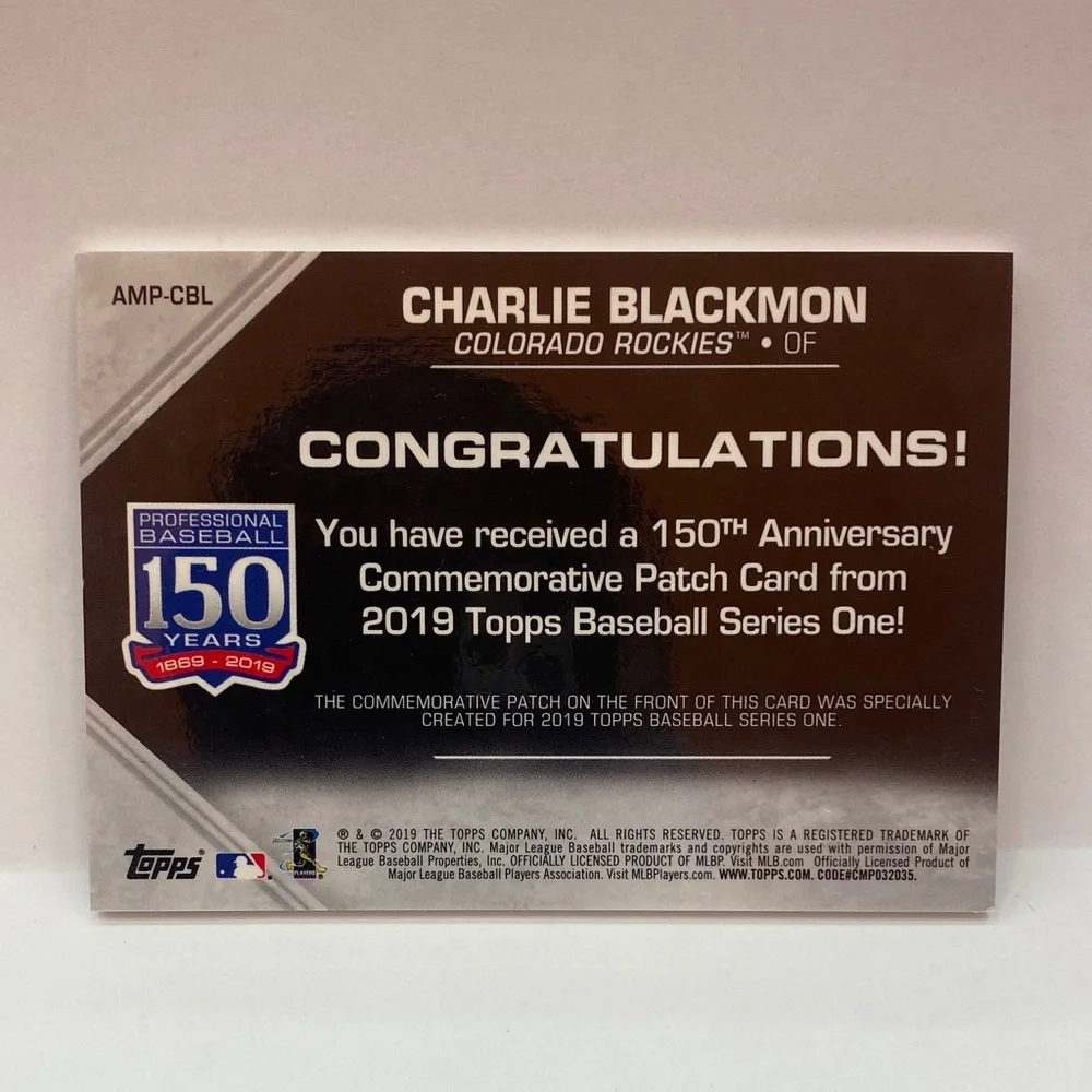 2019 Topps Charlie BlackmonRockies 150 Years Commemorative Patch #AMP-CBL (082)